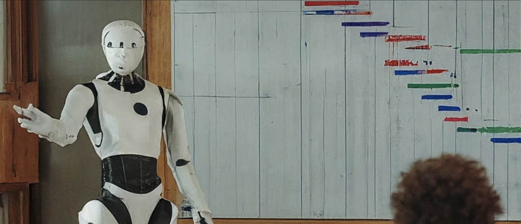 Ein Roboter erklärt einen Gantt-Chart vor einer Schulklasse