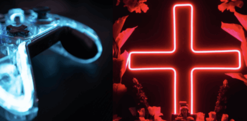 Neon farbenes Kreuz neben leuchtendem Joystick